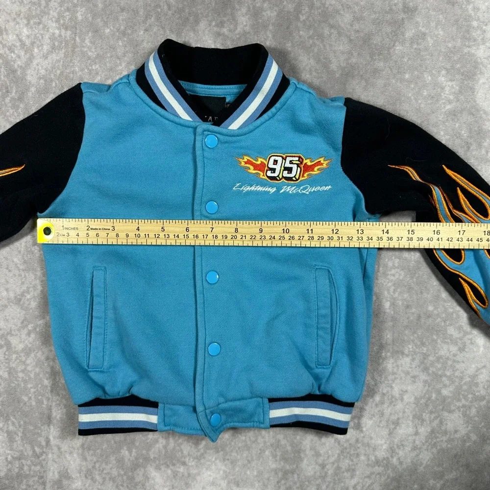 Y2K Disney Pixar Cars Lightning McQueen Varsity Jacket Blue Flame Sleeves 3T